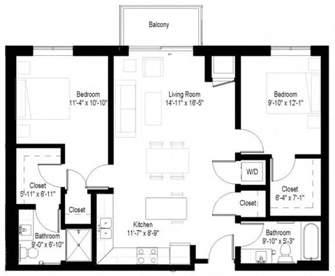 Floor plan for 2 beds, 1 bath, 984 sqft